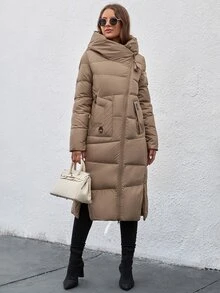 GASMAN Women's Solid Color Long Sleeve Zip-Up Hooded Long Casual Padded Coat, Winter