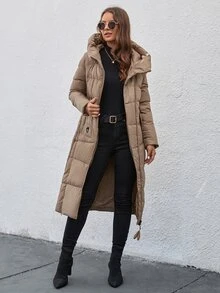 GASMAN Women's Solid Color Long Sleeve Zip-Up Hooded Long Casual Padded Coat, Winter