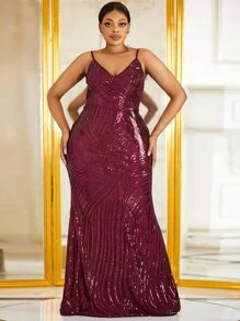 YISIKADO Plus Mermaid Hem Sequin Formal Dress - Maroon - View 1