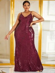 YISIKADO Plus Mermaid Hem Sequin Formal Dress - Maroon - View 3