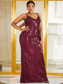 YISIKADO Plus Mermaid Hem Sequin Formal Dress - Maroon - View 4