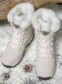 Giày bốt thể thao ngoài trời cho nữ, giày bốt đi tuyết ấm áp lót vải chắp vá buộc dây, giày bốt mùa đông cao đến giữa bắp chân - trắng - Xem 2