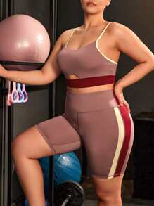 Plus Lightweight Contrast Side Seam Cut Out Sports Set - Redwood - View 3