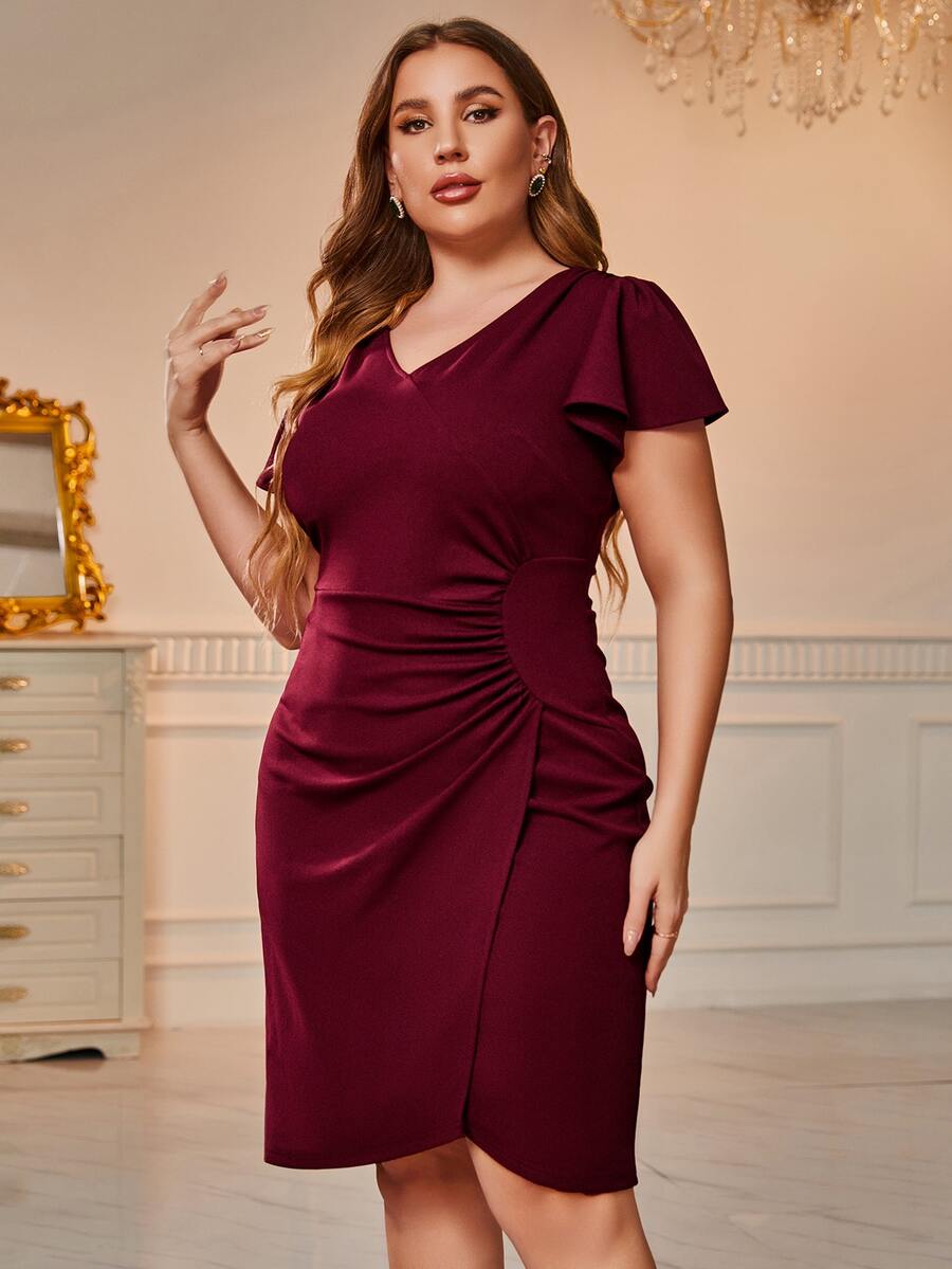 CurvySweet Vestido cruzado de manga mariposa fruncido - Granate - Ver 1