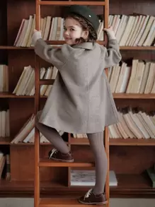 Young Girl Flap Detail Raglan Sleeve Overcoat - Grey - View 2