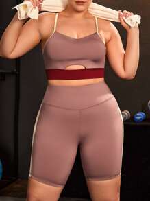 Plus Lightweight Contrast Side Seam Cut Out Sports Set - Redwood - View 4