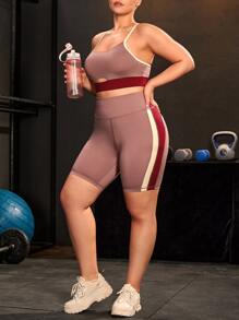 Plus Lightweight Contrast Side Seam Cut Out Sports Set - Redwood - View 5
