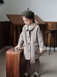 Young Girl Flap Detail Raglan Sleeve Overcoat - Grey - View 5