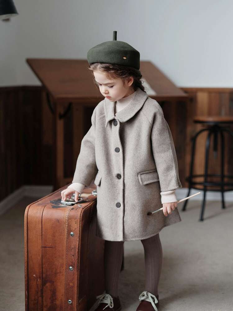 Young Girl Flap Detail Raglan Sleeve Overcoat - Grey - View 5