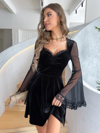 Contrast Mesh Flounce Sleeve Lace Trim Ruched Bust Dress