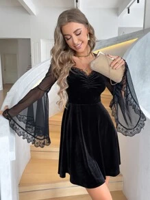 網紗拼接荷葉袖蕾絲邊胸部褶皺連衣裙 - 黑色 - 查看 3