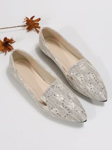 Glitter Contrast Sequin Point Toe Flat Loafers - Beige - View 4