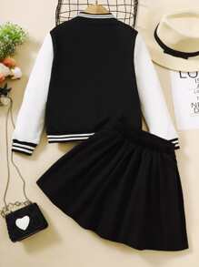 Girls Letter Patched Jacket & Skirt - Black - View 2