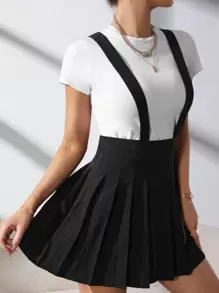 SHEIN EZwear Solid Pleated Suspender Skirt - Black - View 3