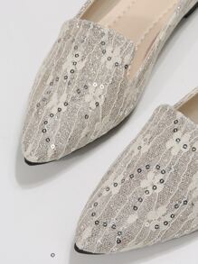 Glitter Contrast Sequin Point Toe Flat Loafers - Beige - View 7