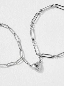 Andkiss Fashionable And Popular Men's Stainless Steel 2Pcs Couple Heart Charm Layered Magnetic Bracelet For Jewelry Gift And For A Stylish Look Matching Bracelets - Silver - View 4