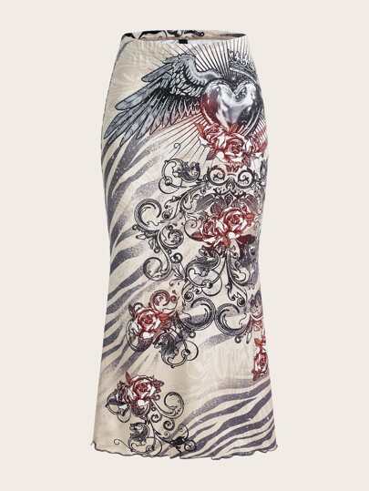 Falda sirena floral & con estampado de corazón