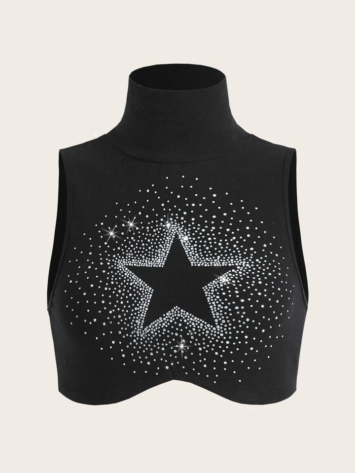 SHEIN ICON ラインストーン スターパターン モックネック タンクトップ 