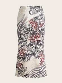 ROMWE PUNK 花卉圖案和愛心圖案魚尾半身裙