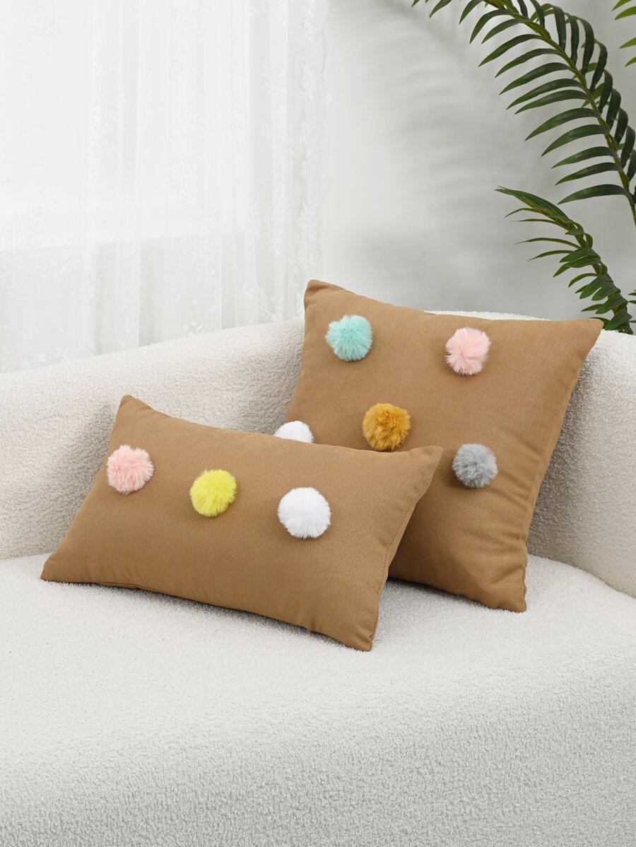 1pc Pom Pom Decor Cushion Cover Without Filler - Brown - View 1