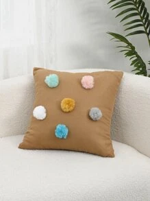 1pc Pom Pom Decor Cushion Cover Without Filler - Brown - View 2