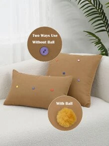 1pc Pom Pom Decor Cushion Cover Without Filler - Brown - View 4