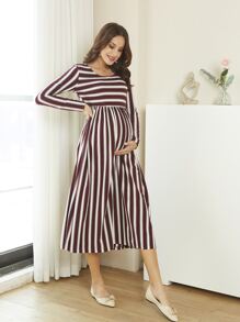 Maternity Striped A-line Dress - Red and White - View 1