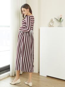 Maternity Striped A-line Dress - Red and White - View 2