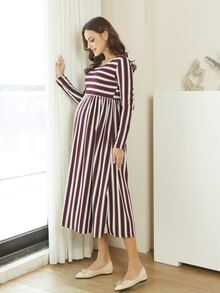 Maternity Striped A-line Dress - Red and White - View 3