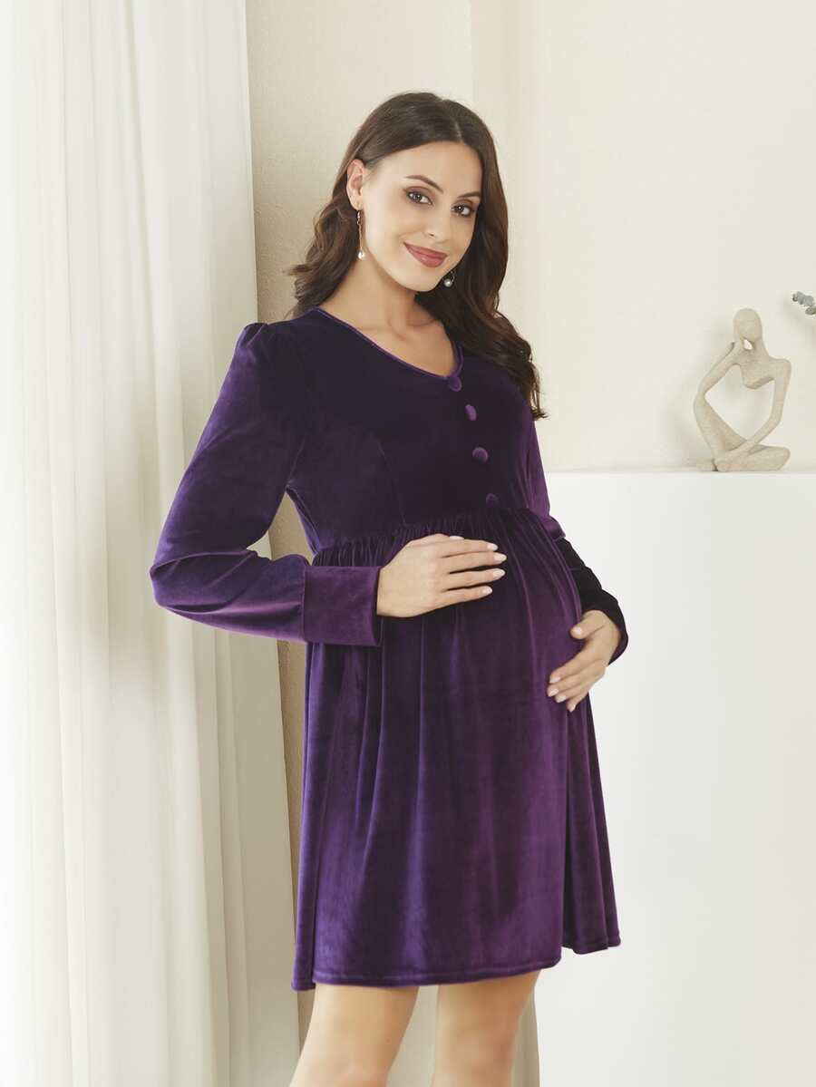 Váy Bà bầu Nút phía trước màu trơn Thanh lịch - Màu tím - Xem 1
