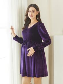 Váy Bà bầu Nút phía trước màu trơn Thanh lịch - Màu tím - Xem 3