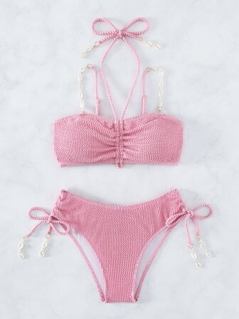 Strukturierter Bikini-Set mit Zug-Verschluss Neckholder-Top und Bindebändern an den Seiten des Slip, 2 Teilig Bikini für Sommer und Strand