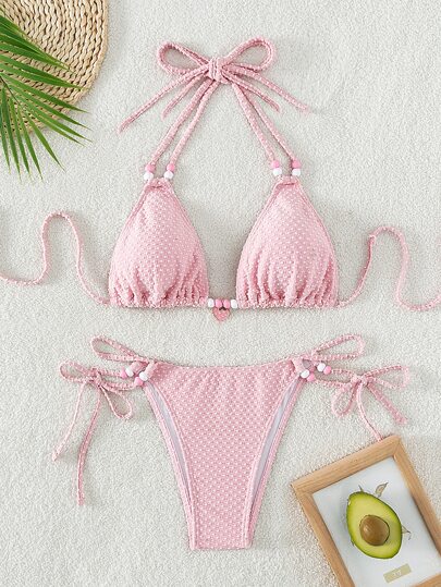 Ensemble de Bikini à pois suisses de plage d'été, soutien-gorge Triangle licou avec perles et bas latéral à nouer, Bikini 2 pièces