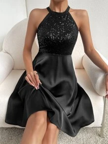 Zolique Contrast Sequin Zip Back Halter Neck Dress, Semi Formal Dress - Black - View 1
