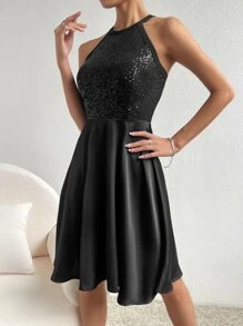 Zolique Contrast Sequin Zip Back Halter Neck Dress, Semi Formal Dress - Black - View 4