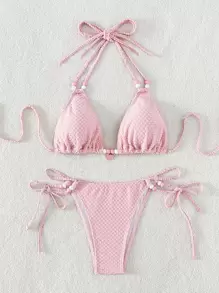 Swim Mod 夏季海滩瑞士圆点比基尼套装串珠吊带三角胸罩和系带侧底 2 件比基尼 - 淺粉色 - 查看 5