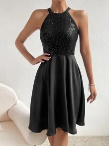 Zolique Contrast Sequin Zip Back Halter Neck Dress, Semi Formal Dress - Black - View 5