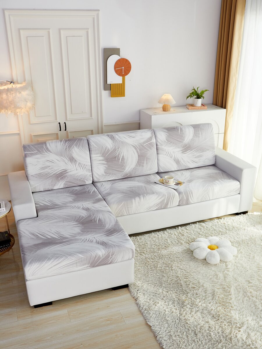 1入組羽毛印花有彈性沙發座墊套 - 灰色 - 查看 1