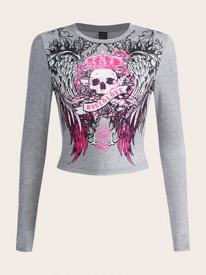 Skull & Wing Print Round Neck Tee