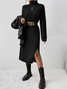 SHEIN Frenchy 高領落肩袖下擺開叉毛衣裙不附腰帶 - 黑色 - 查看 1