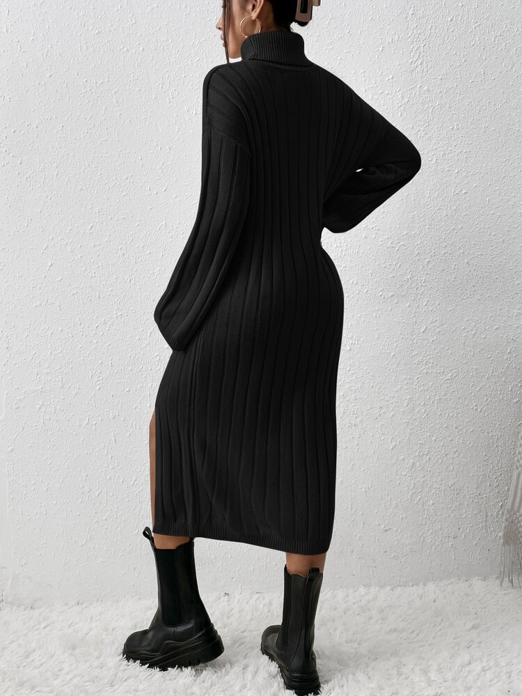 Long Black Turtleneck Drop Shoulder Split Hem Sweater Dress Without Belt In Fall/Winter Casual