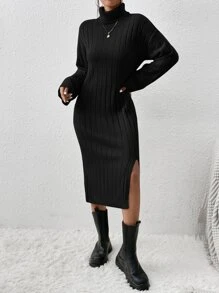 SHEIN Frenchy 高領落肩袖下擺開叉毛衣裙不附腰帶 - 黑色 - 查看 4