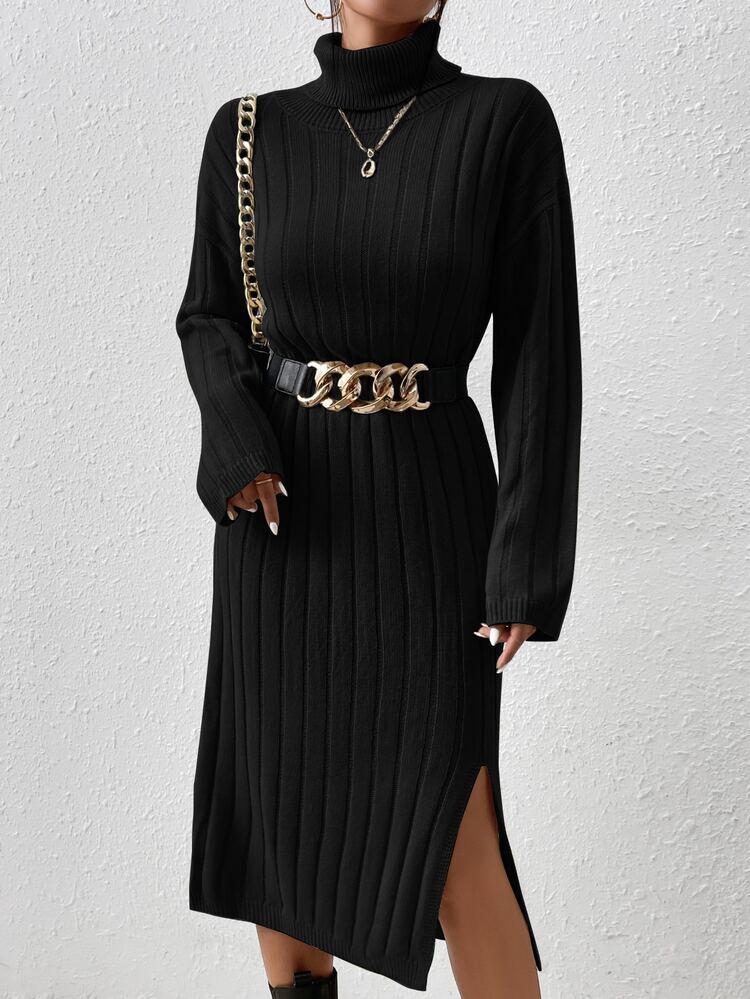 Long Black Turtleneck Drop Shoulder Split Hem Sweater Dress Without Belt In Fall/Winter Casual