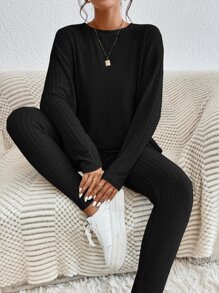 SHEIN Essnce Camiseta de hombros caídos & Leggings - Negro - Ver 1