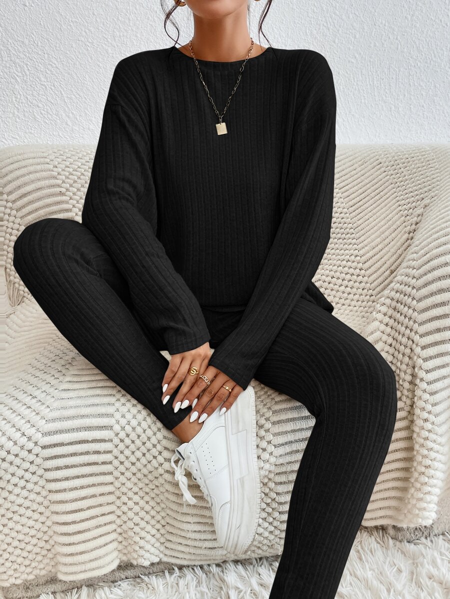 SHEIN Essnce Camiseta de hombros caídos & Leggings - Negro - Ver 1