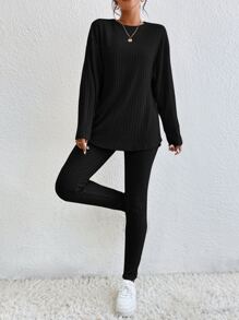 SHEIN Essnce Camiseta de hombros caídos & Leggings - Negro - Ver 3