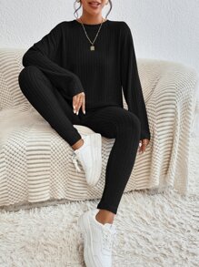 SHEIN Essnce Camiseta de hombros caídos & Leggings - Negro - Ver 4