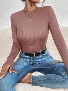 SHEIN Frenchy Mock Neck Ribbed Knit Tee - Dusty Pink - View 1