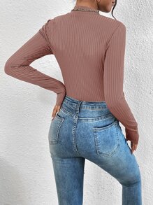 SHEIN Frenchy Mock Neck Ribbed Knit Tee - Dusty Pink - View 2