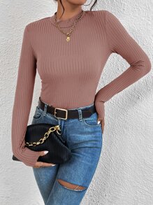 SHEIN Frenchy Mock Neck Ribbed Knit Tee - Dusty Pink - View 5
